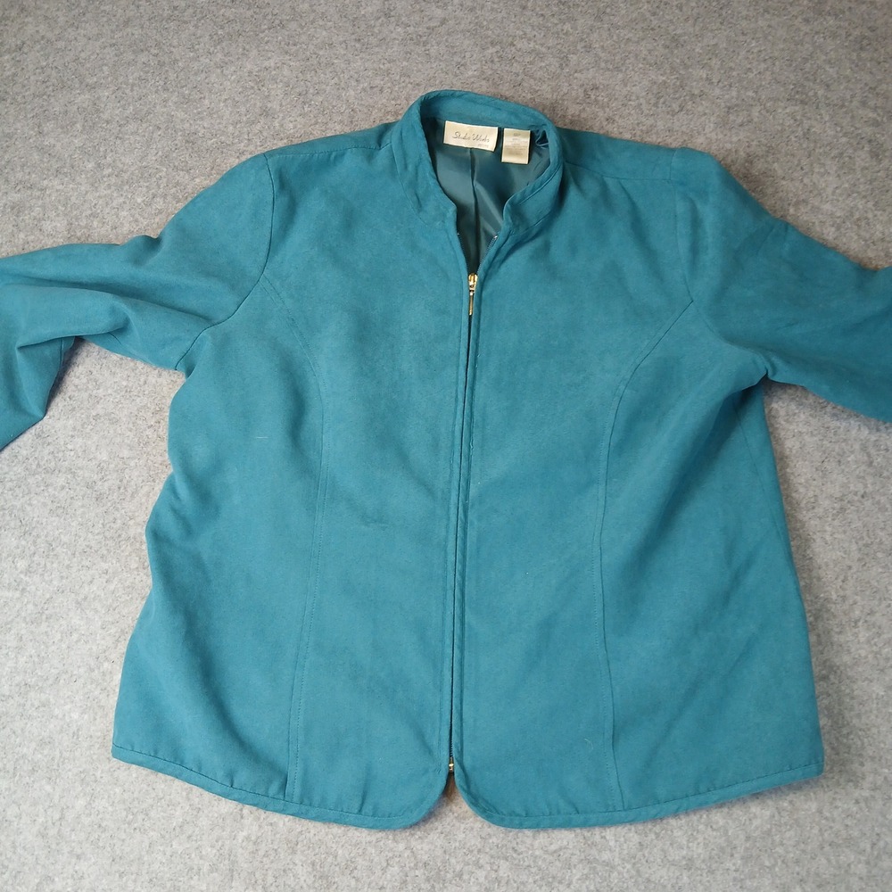 Studio Works Faux Suede Jacket Womens 12P Teal Blue Zip Up Mock Neck Petite